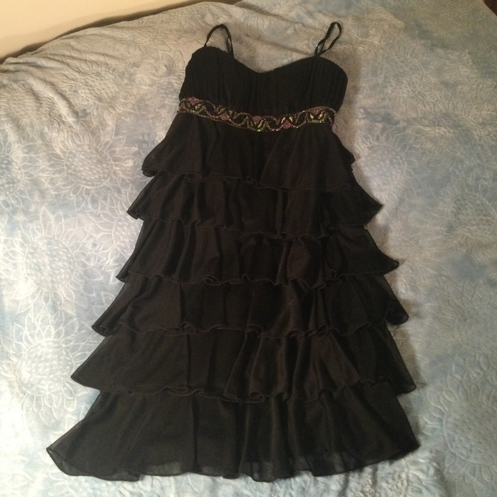 Cute black layered ruffle midi dress with sparkle sequins by Connected Apparel - Picture 1 of 13